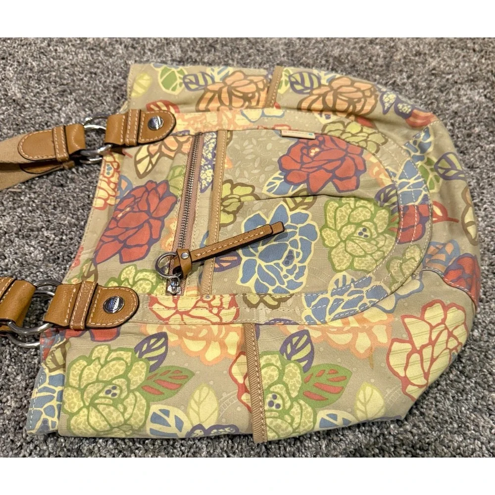 Fossil Key-Per Floral Hobo Tote Bag Canvas & Leather Trim Shoulder Purse